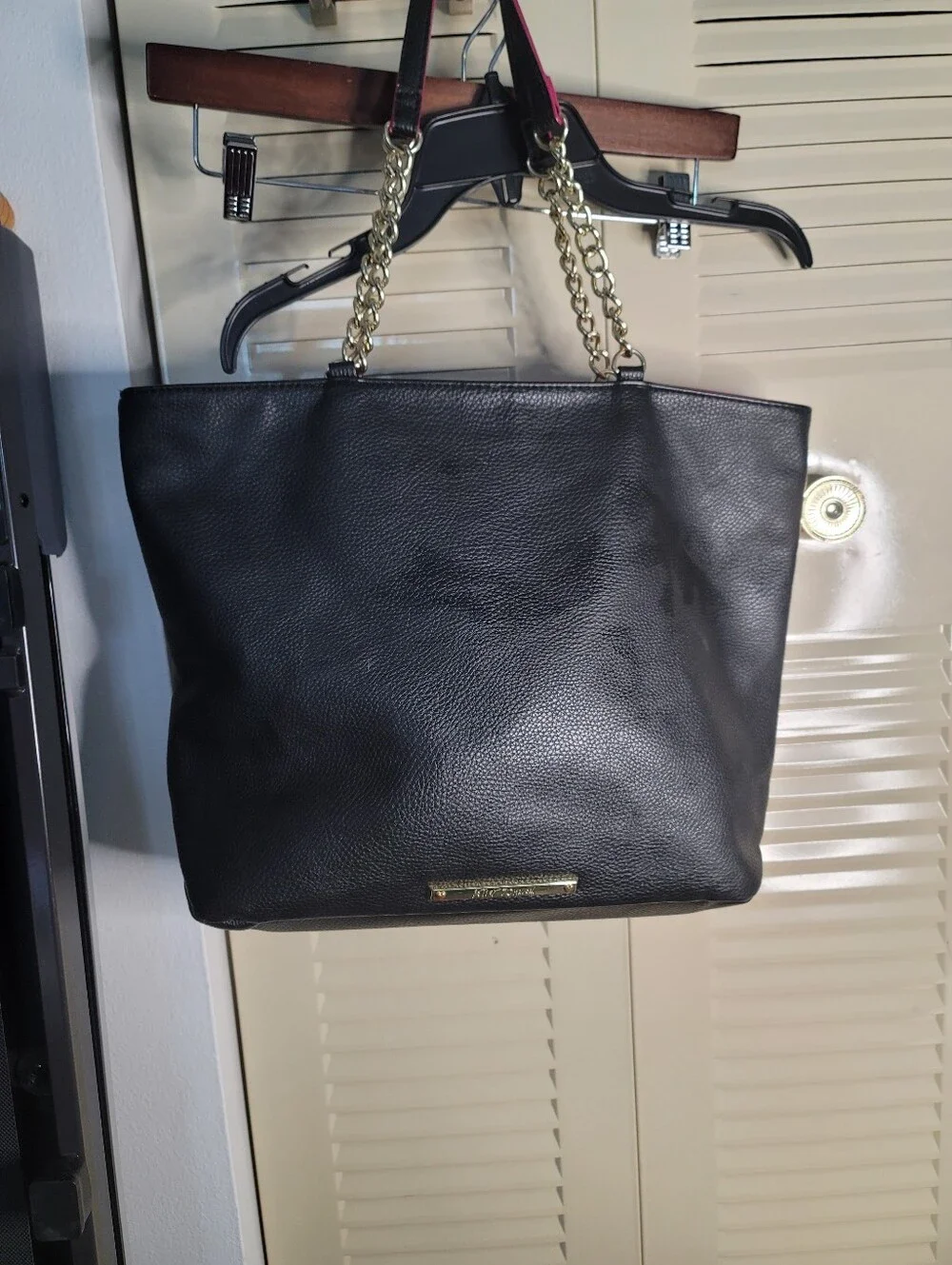 Vintage Betsey Johnson Rhinestone Logo Tote Black Leather Large Shoulder Bag Y2K